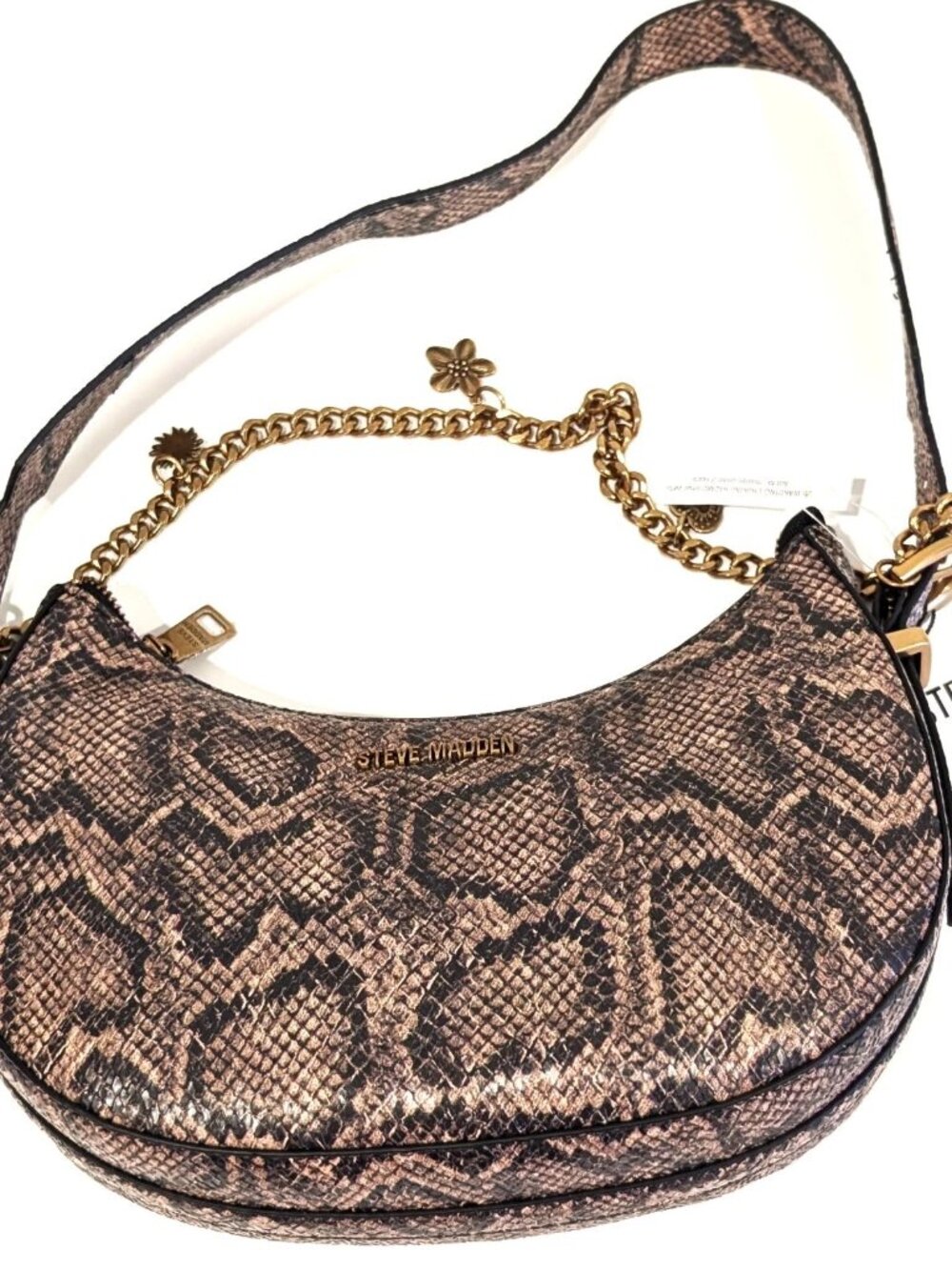 Steve Madden Snake Print Crescent Shoulder Bag Antique Floral Charm Chain New